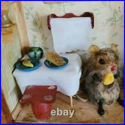 Vintage Handmade Wooden Miniature Mouse Doll House Baby and Mom