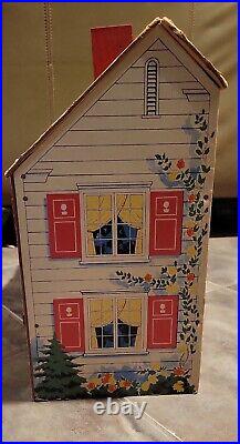 Vintage LARGE Wooden Ply Board Doll House 2 Story Colonial green roof