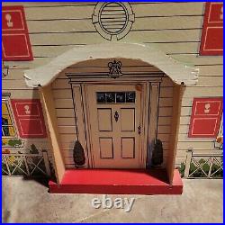 Vintage LARGE Wooden Ply Board Doll House 2 Story Colonial green roof