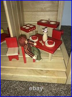 Vintage Wooden DollHouse + Furniture People Doll Bath Bed Kitchen Living 2 Story