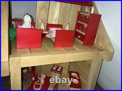 Vintage Wooden DollHouse + Furniture People Doll Bath Bed Kitchen Living 2 Story