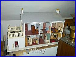 Vintage Wooden Dolls House, Furnished, Garage & Conservatory, Opens Front & Back