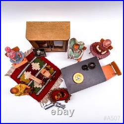 Vintage bundle of dollhouse accessories including wooden furniture and dolls (20 pieces)