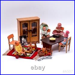 Vintage bundle of dollhouse accessories including wooden furniture and dolls (20 pieces)