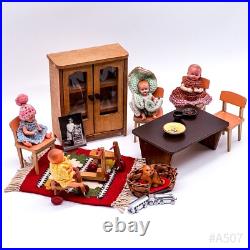 Vintage bundle of dollhouse accessories including wooden furniture and dolls (20 pieces)