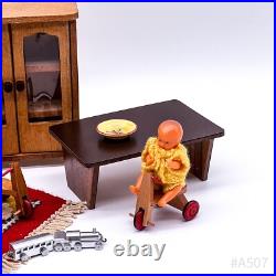 Vintage bundle of dollhouse accessories including wooden furniture and dolls (20 pieces)