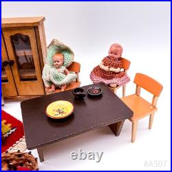 Vintage bundle of dollhouse accessories including wooden furniture and dolls (20 pieces)
