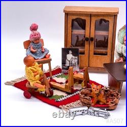 Vintage bundle of dollhouse accessories including wooden furniture and dolls (20 pieces)