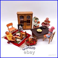 Vintage bundle of dollhouse accessories including wooden furniture and dolls (20 pieces)