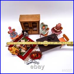 Vintage bundle of dollhouse accessories including wooden furniture and dolls (20 pieces)
