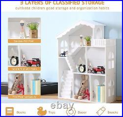 WODNEY Large Wooden Dollhouse Kids Doll House Bookcase Toys Display Rack Shelves
