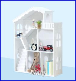 White Doll House Large Kids Wooden Dollhouse Children Book Shelf Storage Cabinet