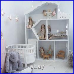 White Doll House Large Kids Wooden Dollhouse Children Book Shelf Storage Cabinet