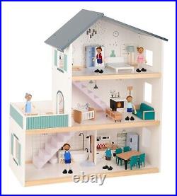 Wooden 3 Storey Doll House With 6 Play Figures Comes Fully Furnished