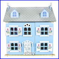 Wooden Blue Villa Dolls House With 30 Pieces Of Furniture + 4 Dolls Leomark