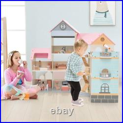 Wooden Corner Dollhouse Playset Pink Roof Doll House