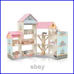 Wooden Corner Dollhouse Playset Pink Roof Doll House