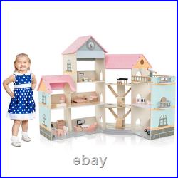 Wooden Corner Dollhouse Playset Pink Roof Doll House