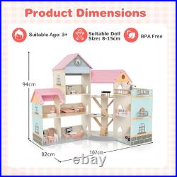 Wooden Corner Dollhouse Playset Pink Roof Doll House