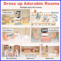 Wooden Corner Dollhouse Playset Pink Roof Doll House