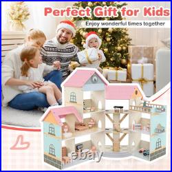 Wooden Corner Dollhouse Playset Pink Roof Doll House