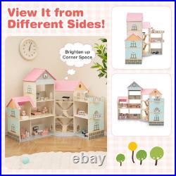 Wooden Corner Dollhouse Playset Pink Roof Doll House