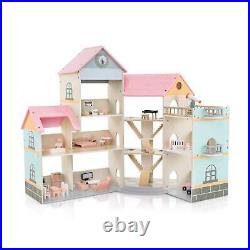 Wooden Corner Dollhouse Playset Pink Roof Doll House-Pink