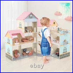 Wooden Corner Dollhouse Playset Pink Roof Doll House-Pink