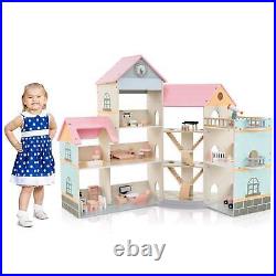 Wooden Corner Dollhouse Playset Pink Roof Doll House-Pink