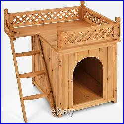 Wooden Dog House Stairs Balcony Floor Puppy Kennel Crate Shelter Outdoor Indoor