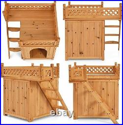 Wooden Dog House Stairs Balcony Floor Puppy Kennel Crate Shelter Outdoor Indoor