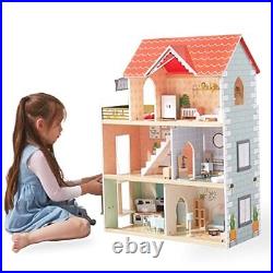Wooden Doll House, 2.6-ft Tall DIY Miniature Dollhouse Kit with Elevator