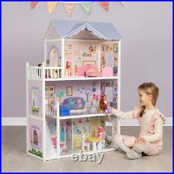 Wooden Doll House 3-Storey With Accessories Furniture Kids Girls Playset 123cm