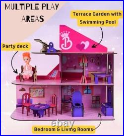 Wooden Doll House Big DIY Colorful Dollhouse 3-Story Malibu Townhouse with 3