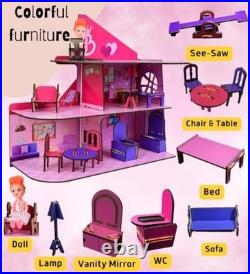 Wooden Doll House Big DIY Colorful Dollhouse 3-Story Malibu Townhouse with 3