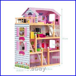 Wooden Doll House Kids 3 Storey Accessories Dolls Playhouse Toy Pretend Roleplay