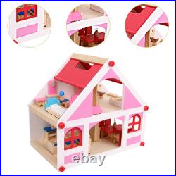 Wooden Doll House Pretend to Assemble Craft Educational Toy with Furniture DIY
