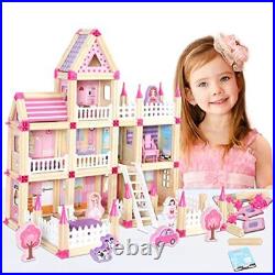 Wooden Doll House Small Princess House with 3 Wooden Doll, Furniture and Pink