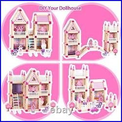 Wooden Doll House Small Princess House with 3 Wooden Doll, Furniture and Pink