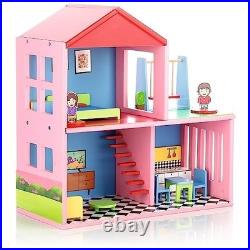 Wooden Doll House for Kids, Role Playing Doll House Set for Girls with 4 Rooms