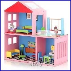 Wooden Doll House for Kids, Role Playing Doll House Set for Girls with 4 Rooms
