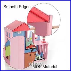Wooden Doll House for Kids, Role Playing Doll House Set for Girls with 4 Rooms