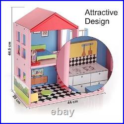 Wooden Doll House for Kids, Role Playing Doll House Set for Girls with 4 Rooms Wooden Doll House for Kids, Role Playing Doll House Set for Girls with 4 Rooms