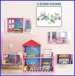 Wooden Doll House for Kids, Role Playing Doll House Set for Girls with 4 Rooms