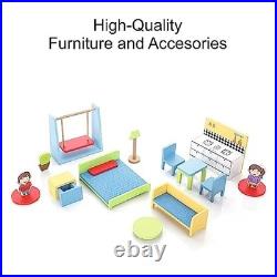 Wooden Doll House for Kids, Role Playing Doll House Set for Girls with 4 Rooms