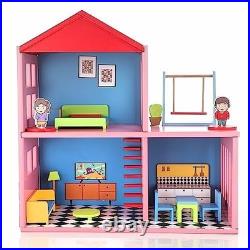 Wooden Doll House for Kids, Role Playing Doll House Set for Girls with 4 Rooms