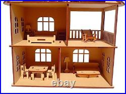 Wooden Doll House with Furniture for Kids, Dollhouse Construction Kit with Assem