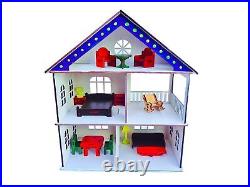 Wooden Doll House with Furniture for Kids, Dollhouse Construction Kit with Assem