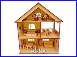 Wooden Doll House with Furniture for Kids, Dollhouse Construction Kit with Assem