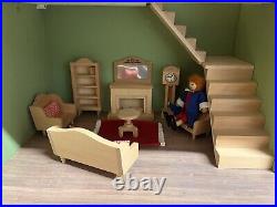 Wooden Doll House with furniture and figures Pre-Owned